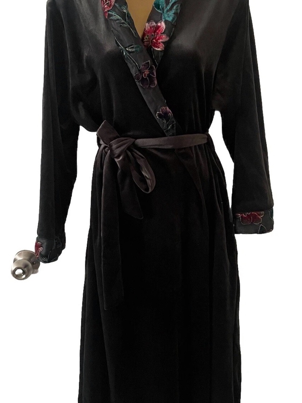 Secret Treasures Black Velvet Wrap Robe with Floral Trim